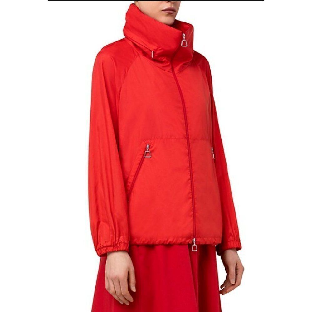 AKRIS Womans Veronique Red Silk Jacket Blouson Taffeta Size 4 Hooded NWT $2590